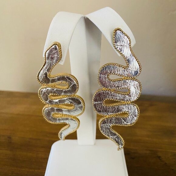 Statement Gold & Silver Snake Earrings – 3” Long, Post Back, Vintage Style - Picture 3 of 6